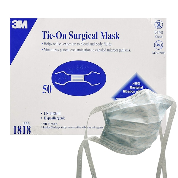 3M Surgical Face Mask, TieOn, One Size Fits Most 50Bx 1818